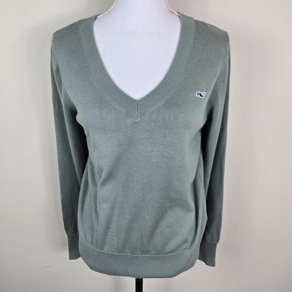 Vineyard Vines Sweater Womens Medium Green V Neck Cotton Logo Knit Pullover